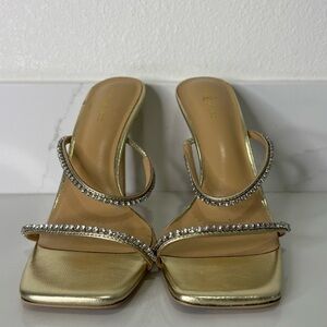 Tony Bianco Metallic Sandal Nappa Leather Gold Rhinestone Square Toe Sz 7.5